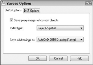 The DWG Options tab of the Saveas Options dialog box enables you to save spatial and layer indexes.