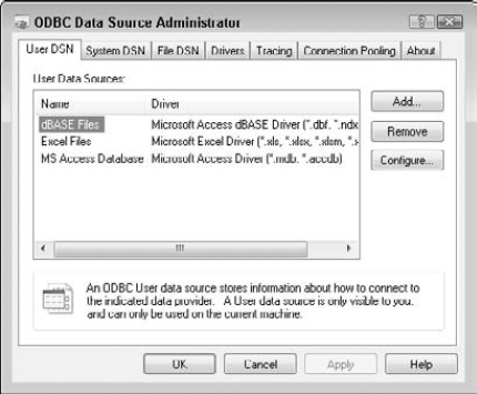 Use the ODBC Data Source Administrator dialog box, accessed from the Windows Control Panel, to choose a database driver to connect to your database.