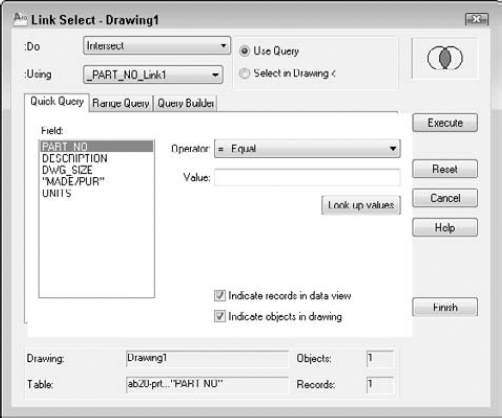 Use the Link Select dialog box to create combined selection sets of objects from queries and/or direct selection in your drawing.