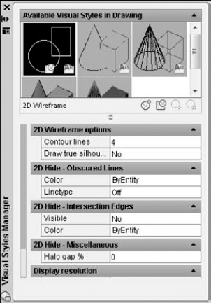 The Hidden Line Settings dialog box and the Visual Styles Manager (shown here) allow you to control the display of back lines in AutoCAD LT and AutoCAD, respectively.