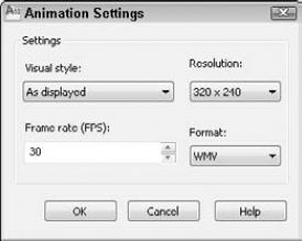 The Animation Settings dialog box specifies settings for a move that you record during Walk or Fly mode.