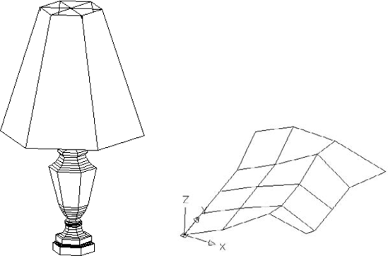 A lamp drawn with surfaces on the left. A surface mesh is shown on the right.