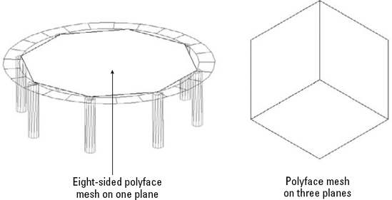 You can create many-sided polyface meshes on one plane, or on several different planes. After you switch to the 3D Hidden visual style, the polyface mesh hides objects behind it.