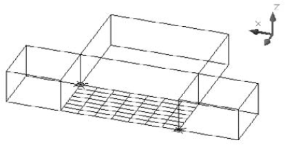 A planar surface between some boxes, bounded by two points.