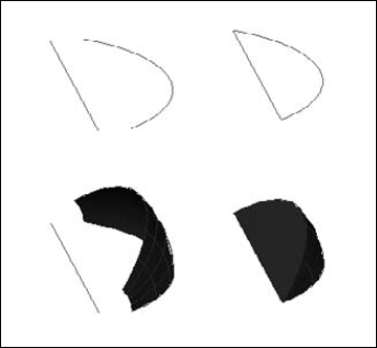 When the axis does not touch the arc, the REVOLVE command creates a surface. When the axis and the arc together create a closed figure, the command creates a solid.