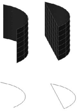 On the left, the EXTRUDE command creates a surface from an arc. On the right, the command creates a solid from the closed figure of a line and an arc.