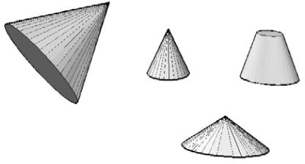 Cones with varying heights and bases.