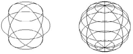 Two solid spheres, with ISOLINES set at 4 (left) and 8 (right).