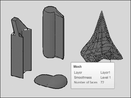 Several meshes, shown in Conceptual visual style. When the cursor is over a mesh, you can see the mesh faces and tessellations.