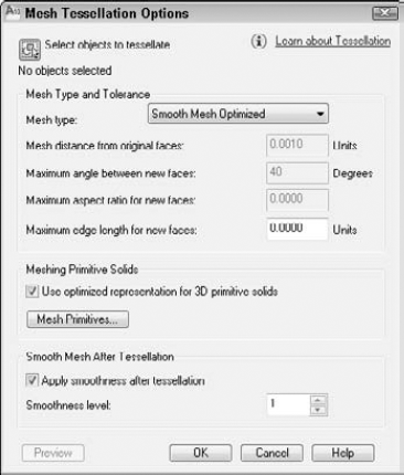 The Mesh Tessellation Options dialog box controls the results when you convert 3D solids and surfaces to meshes.