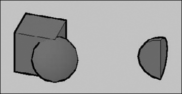 A box and a sphere before and after using the INTERSECT command.