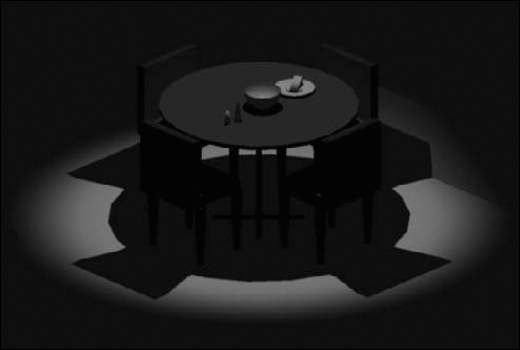 A rendering with one spotlight overhead. Here the hotspot angle is 45° and the falloff angle is 70°.