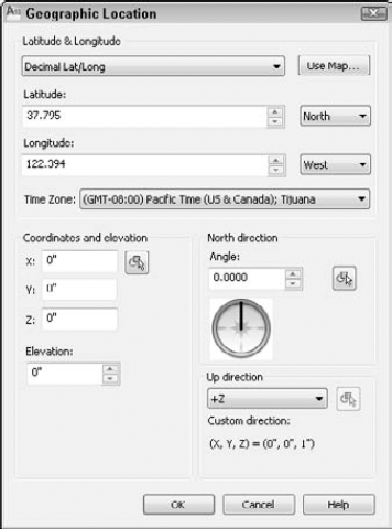 Use the Geographic Location dialog box to specify the latitude and longitude for a specific location.