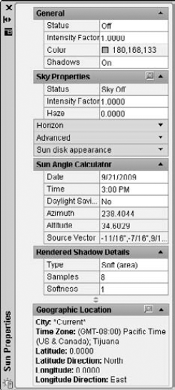 The Sun Properties palette keeps all the settings for the sun in one place.