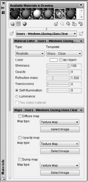 The Materials palette lets you manage materials. Note that the properties available vary with the material's template.