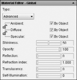 Use this section of the Materials palette to specify colors for your material.