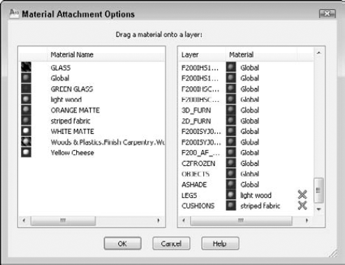 Use the Material Attachment Options dialog box to attach a material to all objects on a layer.