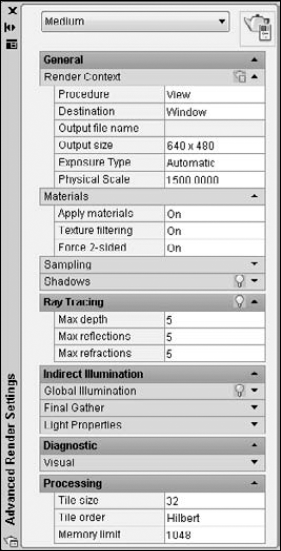 The Advanced Render Settings palette lets you set many rendering options. This figure shows about half of the available settings.