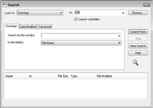 Use the Search window to locate drawings and drawing components.