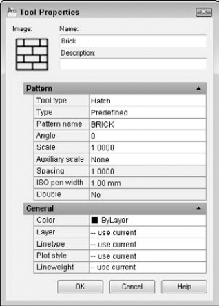 The Tool Properties dialog box for a hatch pattern.