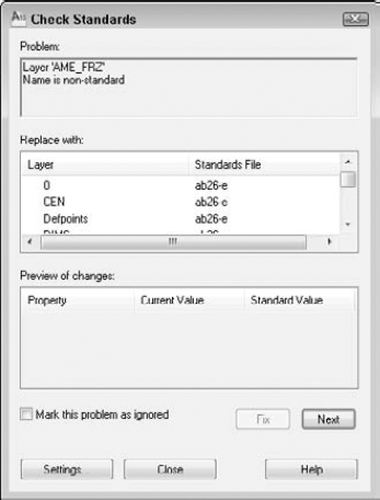 The Check Standards dialog box guides you through the process of checking a drawing against a standards file.