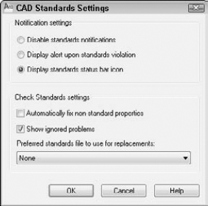 Use the CAD Standards Settings dialog box to specify how you want CAD standards checking to work.