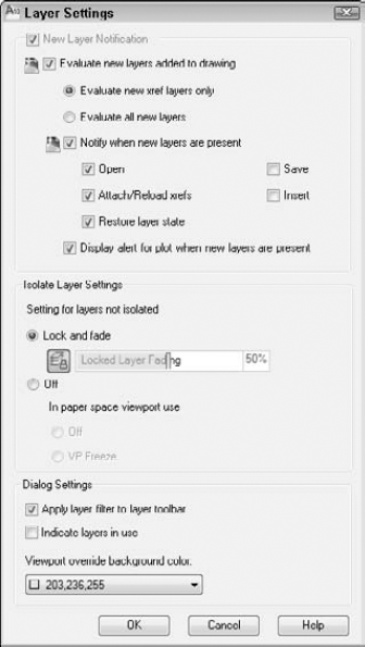 Use the Layer Settings dialog box to specify when and how you receive notification about new layers in your drawing.