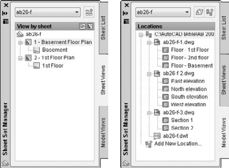 On the left, you see the Sheet Views tab, which displays the views on your sheets. On the right, you see the Model Views tab, which contains the source drawings for your sheet set.