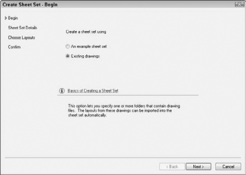 The Create Sheet Set Wizard helps you to create sheet sets.