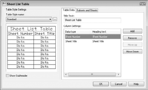 Use the Sheet List Table dialog box to create a table that lists the sheets in a sheet set or a subset.