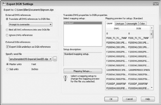 The Export DGN Settings dialog box lets you fine-tune your DGN export.