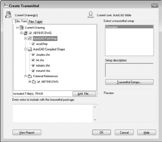 The Create Transmittal dialog box enables you to create a transmittal file that you can attach to an e-mail message. The transmittal file contains a drawing, along with its associated files.