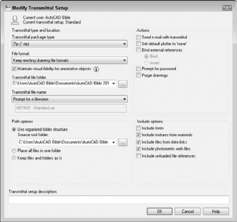 Use the Modify Transmittal Setup dialog box to specify how to structure your transmittal.