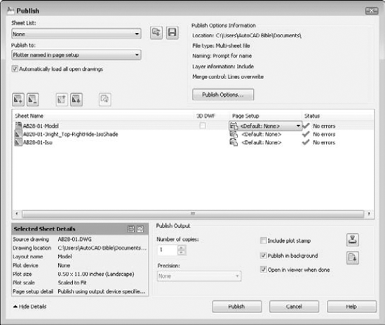 The PUBLISH command opens the Publish dialog box, listing the model and layout tabs of the current or all open drawings.