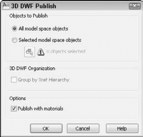 The 3D DWF Publish dialog box sets options for 3D DWF and DWFx files.