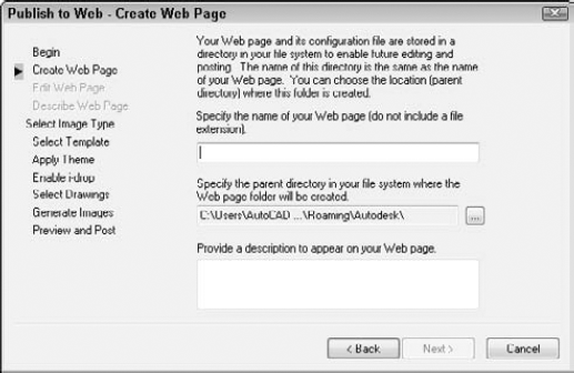 On the Create Web Page screen, specify where you want to create your Web page on your own computer system, and create a description of the page.