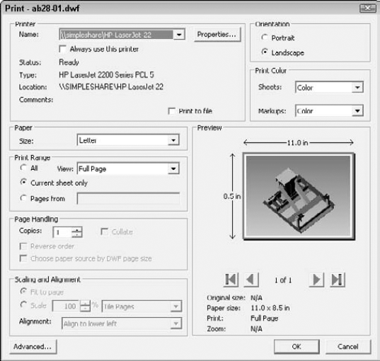 The Print dialog box helps you to print or plot drawings from Autodesk Design Review.