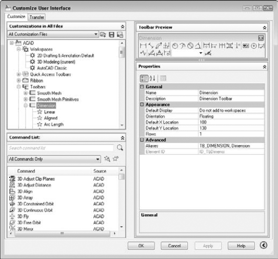 The Customize User Interface Editor with the Dimension toolbar item selected.