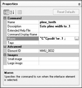 The completed Properties pane for the custom command.