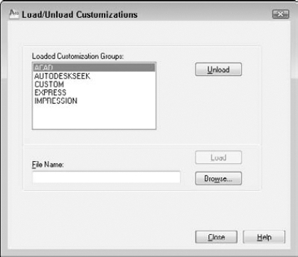 The Load/Unload Customizations dialog box.