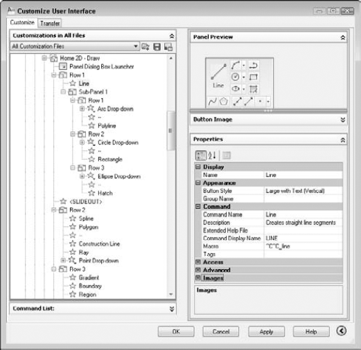 The Home 2D - Draw panel in the Customize User Interface Editor.