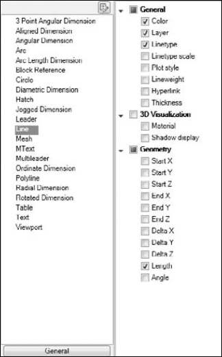 The Quick Properties item with the Line object selected shows a list of the properties that will display when you select a line.