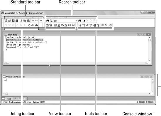 An AutoLISP file open in its own window in the Visual LISP editor.