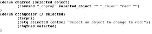 An AutoLISP routine to change an object's color to red.