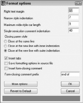 Use the Format Options dialog box to format margins and indentation in the Visual LISP editor.