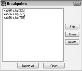 Use the Breakpoints dialog box to remove, show, or disable break points.