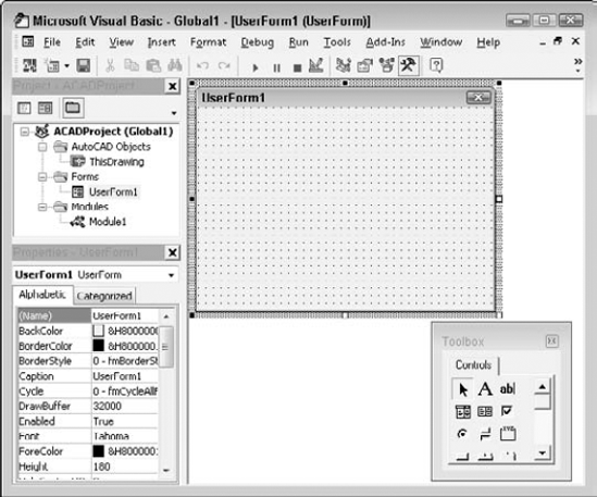 The VBA IDE with a blank user form and the Toolbox toolbar.