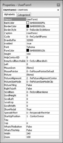 When you insert a user form (dialog box), the Properties window lists all its properties.