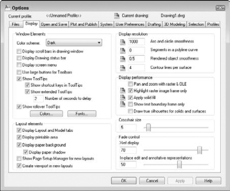 The Display tab of the Options dialog box.