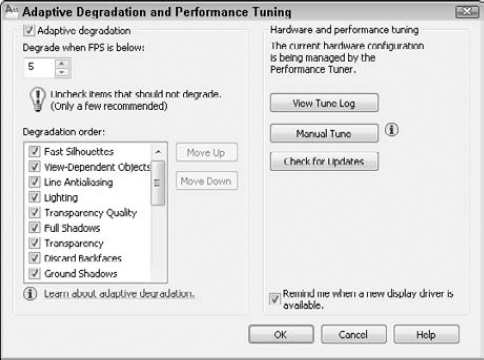 The Adaptive Degradation and Performance Tuning dialog box allows you to specify how AutoCAD displays 3D features in relation to your computer system's capabilities.